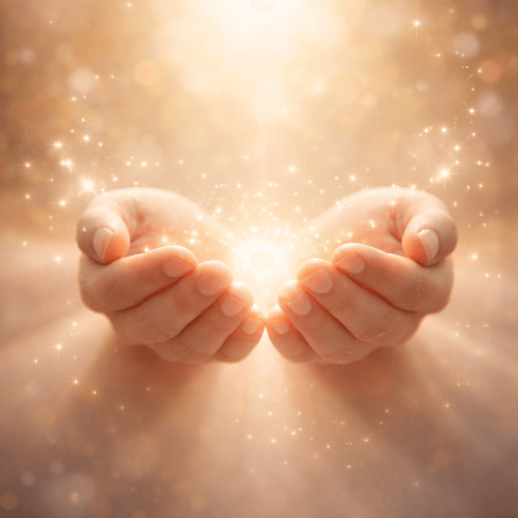 Mains tenant une lumière dorée de guérison